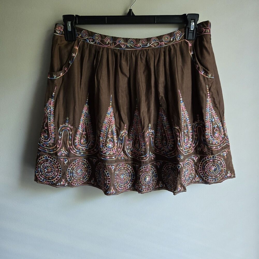 Theme Size L Brown Skirt Boho Multicolor Embroidered  Natural Fibers Cotton Silk